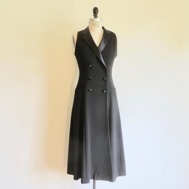 1990's Formal Black Double Breasted Tuxedo Midi Dress Satin Collar Buttons Flared Skirt Evening Cocktail Party Ralph Lauren Size 8 Medium 