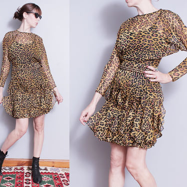 Vintage 1980's | Leopard | Animal Print | Ruffled Skirt | Mini | Dress | S 