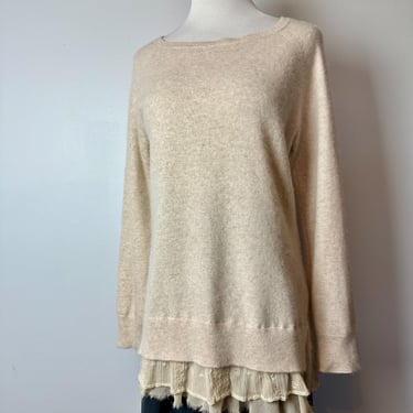 So soft 100% Cashmere sweater~ boho layered crepe lacy underskirt~ warm beige camel color long style pullover knit~ size Medium 