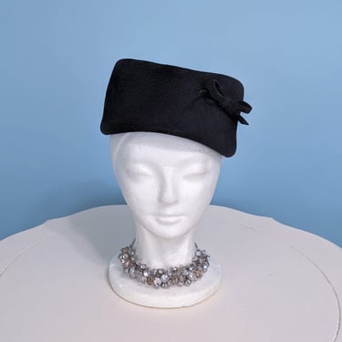 Vintage 1950s Pillbox Cocktail Hat, Vintage 50s Black Felted Wool Evening Party Hat 