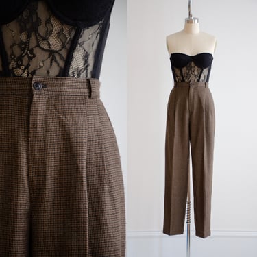 high waisted pants 90s vintage brown black houndstooth plaid straight leg trousers 
