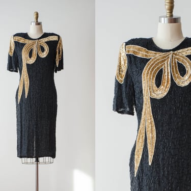 black party dress 80s vintage Carina silk beaded sequined gold bow holiday dress 