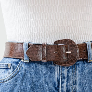 brown alligator belt | 80s 90s vintage vegan faux leather dark academia statement belt 