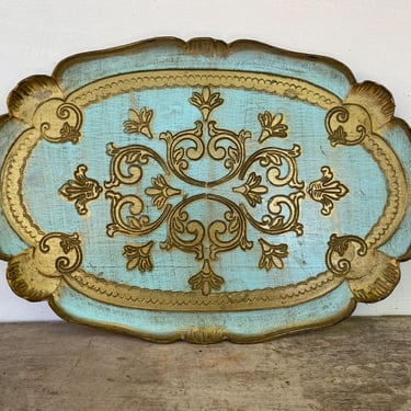 Mid Century Florentine Wooden Tray, Robins Egg Blu And Gold, Made In Italy, Oval Tray, Party Table Decor 