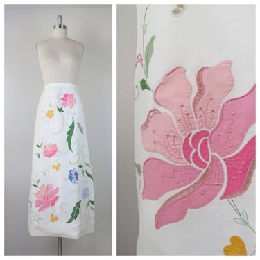 Vintage 1970s maxi skirt, floral applique, embroidered, pastel 