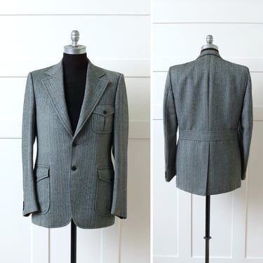 mens vintage 1970s belted back blazer • tailored pinstripe & stylized herringbone wool sports coat 