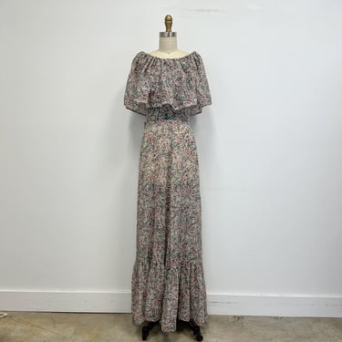 Vintage 70s Prairie Maxi Dress with Ruffled Off the Shoulder Neckline | Floral Print | size medium 