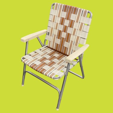 Vintage Lawn Chair Retro 1980s Outdoor/Patio Seating + Cream/Brown/Blue + Webbed Straps + Silver Aluminum Frame + Plastic Armrests + Fold Up 