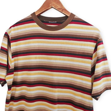 vintage t shirt / striped shirt / 1970s brown yellow striped single stitch surfer t shirt Medium 