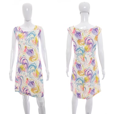 1960's White and Multicolor Watercolor Print Shift Dress Size XL