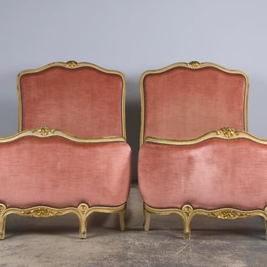 French Louis XV Style Painted Twin Size Bedframes W/ Rose Velvet - A Pair 