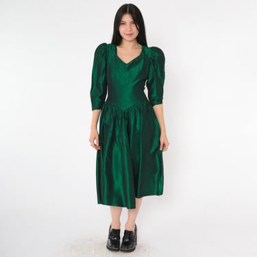 Vintage 80s Green Taffeta Prom Dress Metallic Puff Sleeve Polka Dot Princess Seam Corset Basque Waist Ball Gown Formal Small 4 