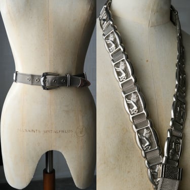 Vintage 90s Silver Lion Slide Link Mesh Art Deco Styled Skinny Belt | Industrial, Rocker, Punk, Goth Chic | 1990s Designer Womens Waist Belt 