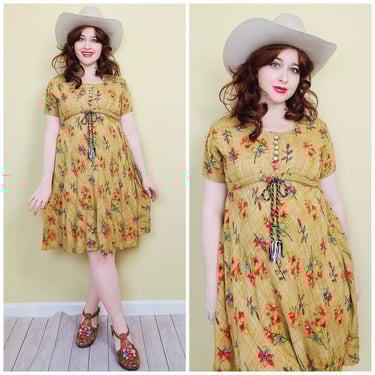 1990s Vintage Brown Floral Indian Cotton Babydoll Dress / 90s Colorful Rainbow Button Flower Dress / Tag Size XXL 
