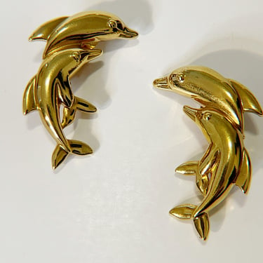 Vintage Dolphin Clip On Earrings Golden Dolphin Earrings Retro 80s Statement Clip Ons Fun Pair Vtg Gold Tone Large Dolphins Clip Earrings 