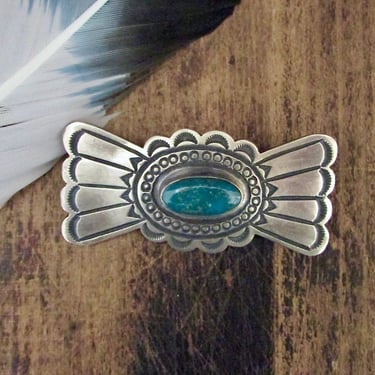 SAND CAST Vintage 70s Sterling Silver & Green Turquoise Brooch | 1970s Hand Stamped Pin | Native American Navajo Southwestern Style Jewelry 