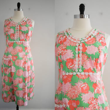 1960s Lilly Pulitzer Green and Coral Floral Shift Dress 