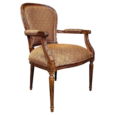 Louis XVI Style Upholstered Carved Mahogany Armchair By Ethan Allen 