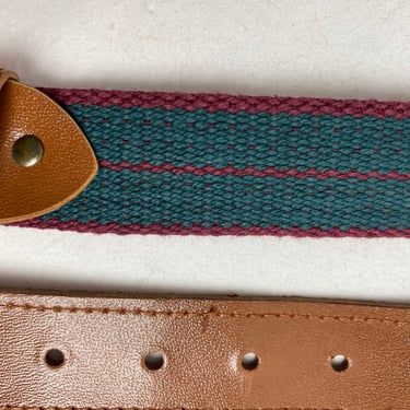 80’s striped knit belt with brown leather look~ green and red skinny trouser belt/ unisex androgynous preppy / size 31”-34” M/L 