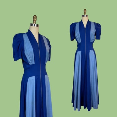 Vintage 1940s Color Block  Hostess Lounge Dress Dressing Gown with Zip Front Puff Sleeves Tie Waist Cotton Maxi 