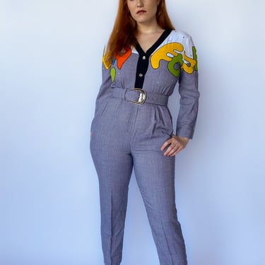 1980s Houndstooth Multicolored Jumpsuit, sz. M