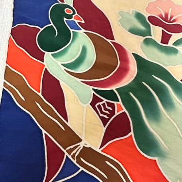 Vintage rayon colorful batik bird scarf~ small square textile art / wearable art/ exotic birds design neckerchief bandana style 