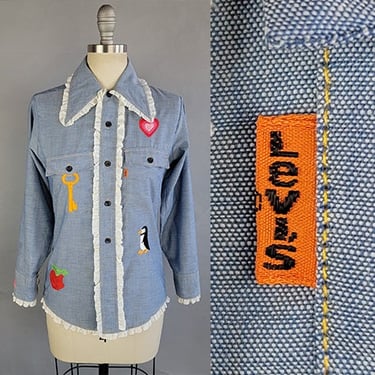 1970s Levi's Shirt / Hand Embroidered Shirt / Levi's Orange Tab / Size Small 