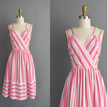 vintage 1980s dress | Pink & White Stripe Print Summer Cotton Sun Dress | Small Medium | 80s dress 