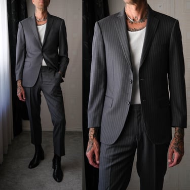 PAL ZILERI Gray Pinstripe Mod Slim Lapel Two Button Gabardine Suit | Made in Italy | Italian Size 48 | 100% Wool | Y2K Italian Designer Suit 
