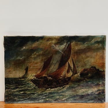 Original Antique British Oil Painting, Primitive Seascape 