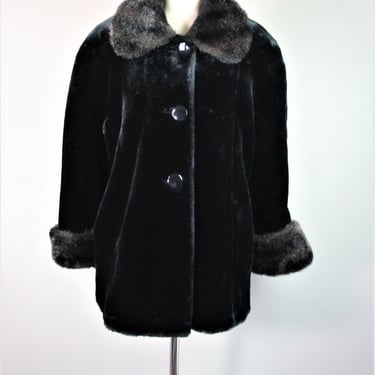 Black Plush - Faux Fur - Coat by Basic Ediitions - Marked size S 