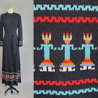 1970s Maxi Dress / Kachina Print Dress / Black Bouclé Knit Maxi with Native American Print / Black Knit Dress / Size Large Extra Large/ 