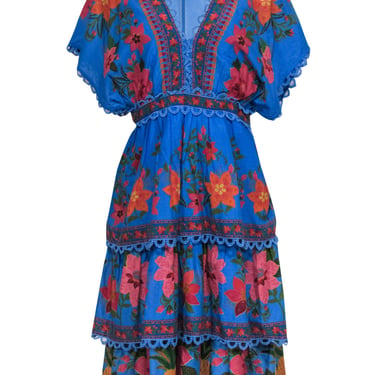 Farm - Blue &amp; Multicolor Floral &amp; Pineapple Print Tiered Embroidered Dress Sz M