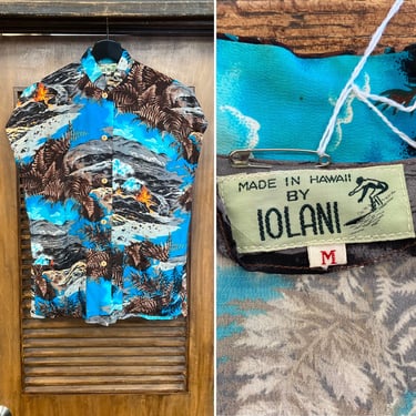 Vintage 1950’s “Iolani” Lava Tropical Tiki Crepe Island Tea-Timer Hawaiian Shirt Blouse Top, 50’s Vintage Clothing 