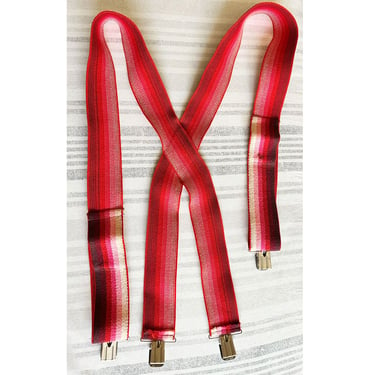 Vintage Woven Thick SUSPENDERS, Men's Red Pink Rainbow Stripes, 1960's, 1970's, Work Suspenders, Old, Adjustable shoulder straps, Metal 