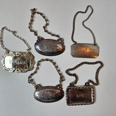 Five Vintage Bottle Tags, Antique Metal Tags, Vodka, Gin, Alcohol Tags, 