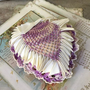 Crocheted Lavender Heart Pillow, White Folded Satin Ribbon, Romantic Vintage Hand Crocheted Small Heart Pillow, Victorian Decor, Pin Cushion 