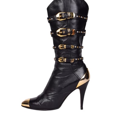 Gianni Versace Vintage AW 1992 Miss S&M Iconic Black Leather Studded Buckle Bondage Boots