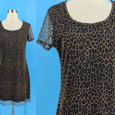 Vintage Y2K Younique Clothing Medium Leopard Print Mini Dress - 2000s Short Sleeve Leopard Print Mesh Shift Dress 