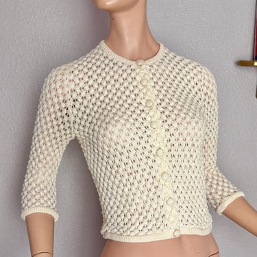 Vintage 50s 60s Cardigan, Open Weave, Button Down Sweater, Chunky Knit, Three-Quarter Sleeves, Pin Up Style 