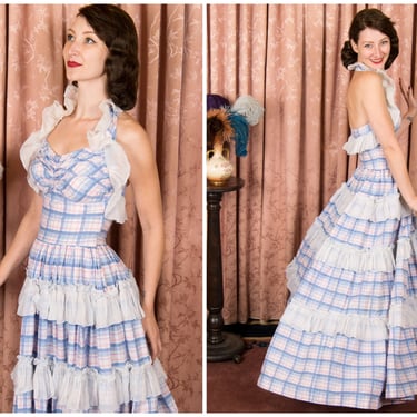 1940s Dress - Late 40s EMMA DOMB Pink and Blue Full Length Cotton Plaid Halter Dress with White Frilled Ruffles 