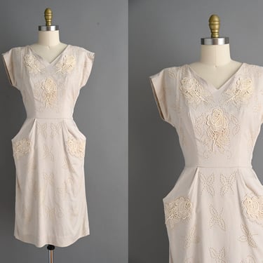 vintage 1950s Dress | Beige Linen Rose Studded Wiggle Dress | Medium Large 