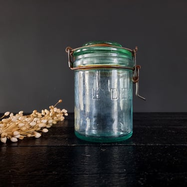 Antique French l'IDEALE Green Glass Canning Preserve Jar with Lid, Green Glass Canister, Kitchen Preserve Jar, French Country Decor 