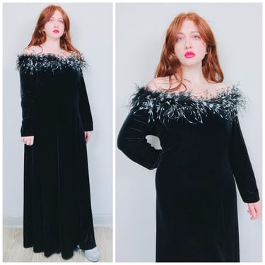 1990s Vintage Cachet Black Velvet Dramatic Feather Gown / 90s Spandex Off Shoulder Feathers Long Sleeve Maxi Dress / Size 18 