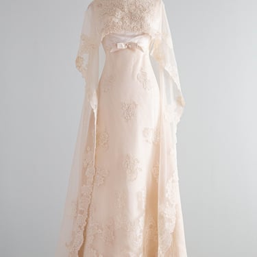 Stunning 1960's Candlelight Silk & Lace Empire Wedding Gown & Cape / Small