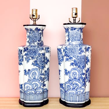 Pair of Blue and White Floral Lamps