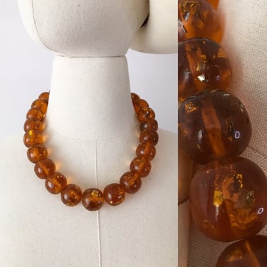1970s Lucite Gold Flecked Statement Necklace - Large Amber Ball Necklace - Chunky Lucite Strand Necklace 