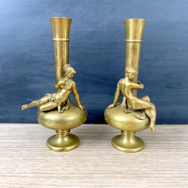Weighted brass vases with nudes - a pair - antique decor 
