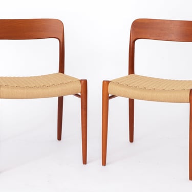 2 Niels Moller chairs, model 75, 1950s, teak wood, papercord seat, vintage chairs, set of 2, dining chairs, Denmark 