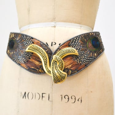 Vintage 80s Wide Feather Brown Faux leather Gold Metal Peacock Belt Brown Boho Feather Metal 80s 90s Glam Belt Small Medium 31 1/2